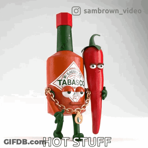 A Bottle Of Tabasco Is Chained To A Pepper GIF