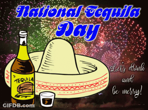 A Bottle Of Tequila Next To A Sombrero And A Shot Glass GIF