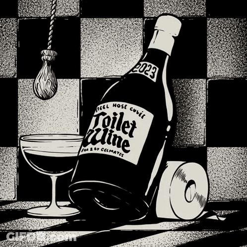 A Bottle Of Toilet Wine Sits Next To A Roll Of Toilet Paper And A Glass GIF