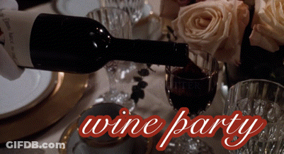 A Bottle Of Wine Is Being Poured Into A Glass With The Words Wine Party Written On The Bottom GIF