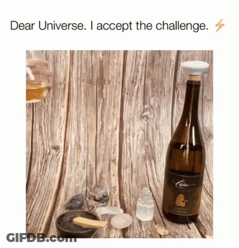 A Bottle Of Wine Sits On A Wooden Table With A Caption That Says Dear Universe I Accept The Challenge GIF