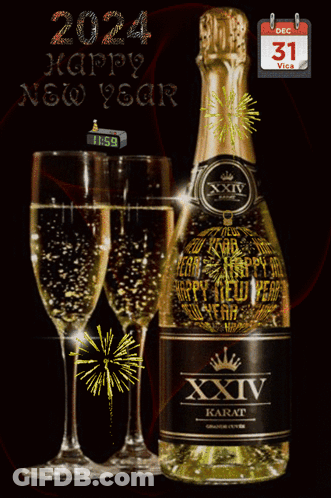 A Bottle Of Xiv Karat Champagne With Two Glasses GIF