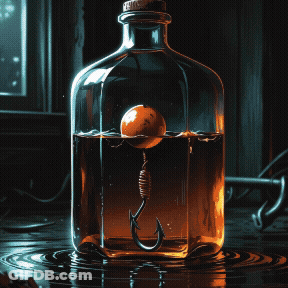 A Bottle With A Hook In It And The Words " Just One More Drink " Behind It GIF