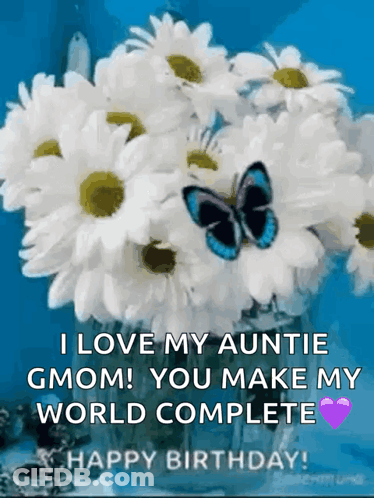 A Bouquet Of Daisies In A Vase With A Butterfly On It GIF