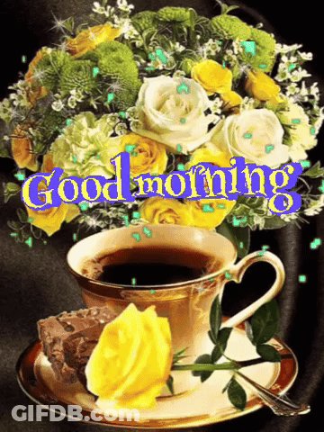 A Bouquet Of Flowers And A Cup Of Coffee With The Words Good Morning Written On It GIF