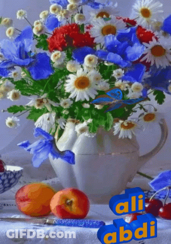 A Bouquet Of Flowers Sits On A Table Next To Apples And Cherries With The Name Ali Abdi Written On The Bottom GIF
