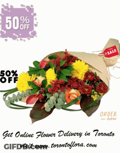 A Bouquet Of Flowers With A 50 % Off Advertisement GIF