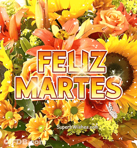 A Bouquet Of Flowers With The Words Feliz Martes Written On It GIF