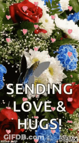 A Bouquet Of Flowers With The Words Sending Love And Hugs Written On It GIF