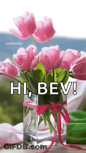 A Bouquet Of Pink Flowers In A Vase With The Words Hi Bev Written On It GIF