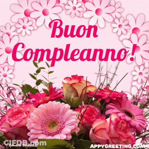 A Bouquet Of Pink Flowers With The Words Buon Compleanno Written On It GIF