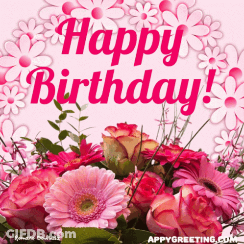 A Bouquet Of Pink Flowers With The Words Happy Birthday Written On It GIF