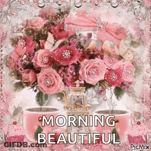 A Bouquet Of Pink Roses In A Vase With Two Cups Of Coffee . GIF