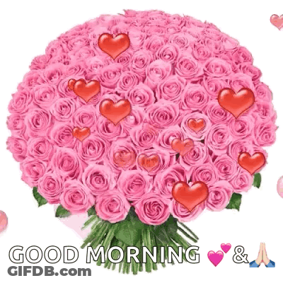 A Bouquet Of Pink Roses With Red Hearts And The Words " Good Morning " GIF