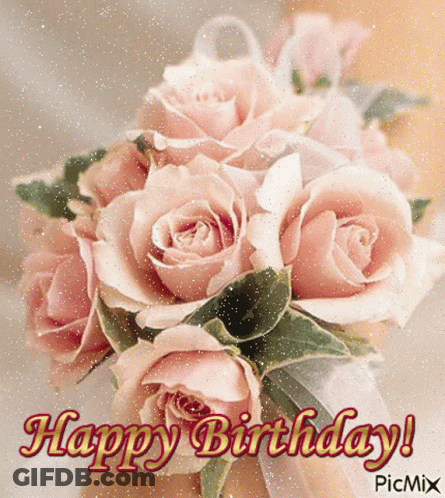 A Bouquet Of Pink Roses With The Words Happy Birthday On It GIF