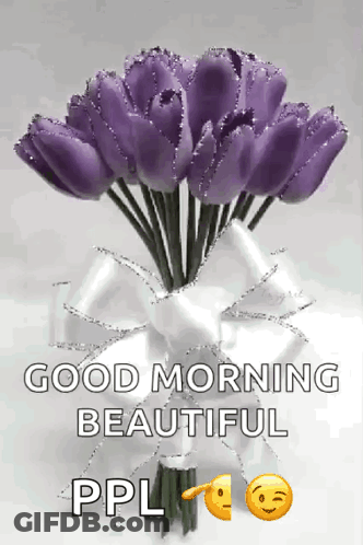 A Bouquet Of Purple Flowers In A White Vase With A Bow And The Words Good Morning Beautiful Ppl GIF