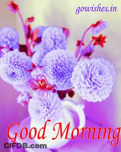 A Bouquet Of Purple Flowers In A White Vase With The Words Good Morning GIF