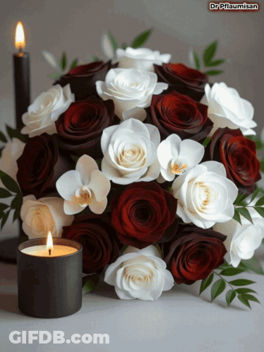 A Bouquet Of Red And White Roses With A Candle GIF