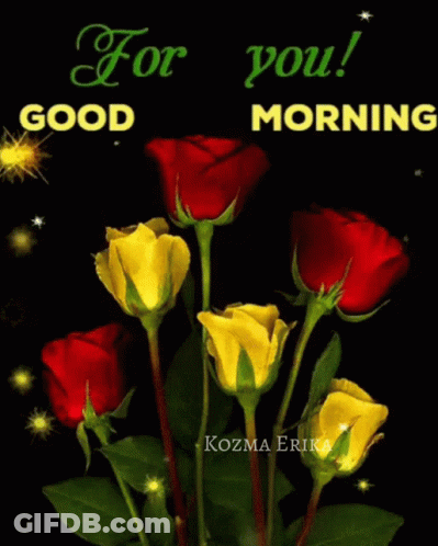 A Bouquet Of Red And Yellow Roses With The Words " For You Good Morning " GIF