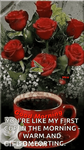 A Bouquet Of Red Roses And A Cup Of Coffee With The Words Good Morning You 'Re Like My First Cup In The Morning GIF