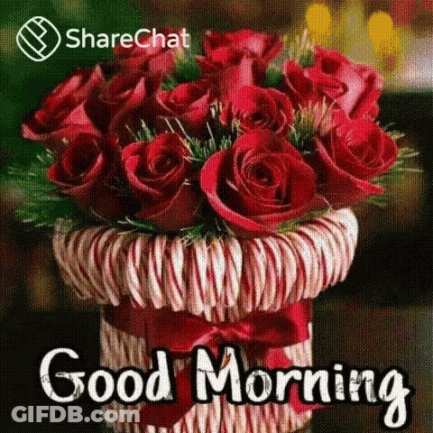 A Bouquet Of Red Roses In A Basket With The Words `` Good Morning '' Written Above It . GIF