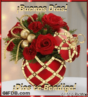 A Bouquet Of Red Roses In A Red Vase With The Words Buenos Dias GIF