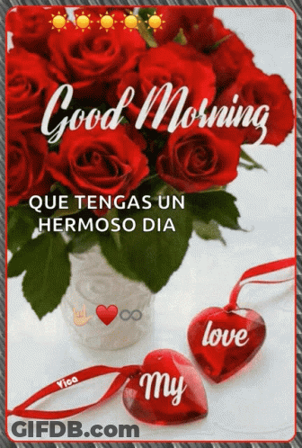 A Bouquet Of Red Roses In A Vase Next To Two Red Hearts That Say My Love GIF
