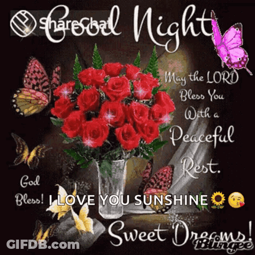 A Bouquet Of Red Roses In A Vase With Butterflies GIF
