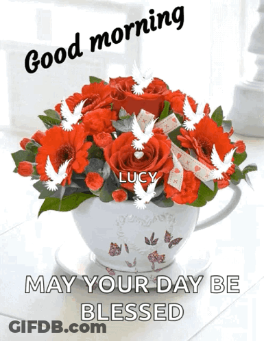 Red Roses In White Cup With Good Morning Message GIF