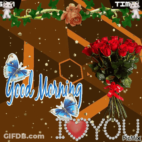 A Bouquet Of Red Roses Is Surrounded By Butterflies And The Words " Good Morning You " GIF