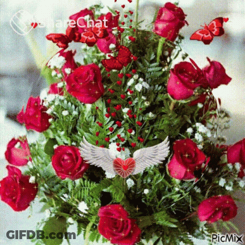 A Bouquet Of Red Roses With A Picture Of An Angel With Wings On It GIF