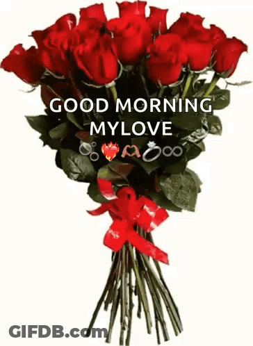 A Bouquet Of Red Roses With A Red Bow And The Words `` Good Morning My Love '' GIF