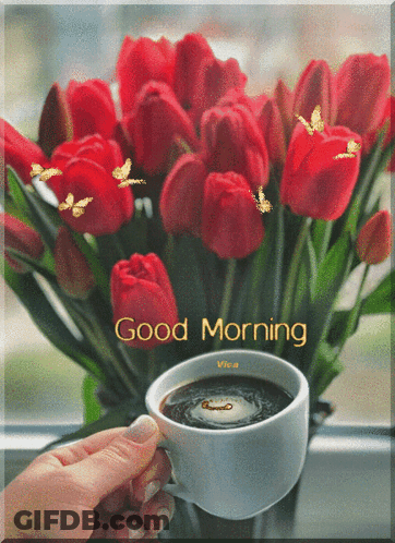A Bouquet Of Red Tulips And A Cup Of Coffee With The Words Good Morning GIF