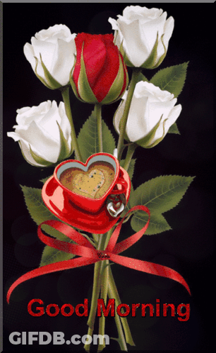A Bouquet Of White Roses With A Heart Shaped Cup Of Coffee And The Words Good Morning GIF