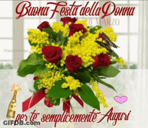 A Bouquet Of Yellow And Red Flowers With The Words Buona Festa Della Donna Per Te Semplicemente Auguri GIF