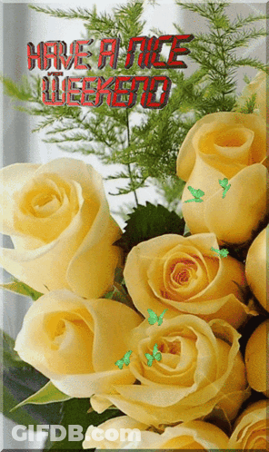 A Bouquet Of Yellow Roses With The Words Have A Nice Weekend Written In Red GIF