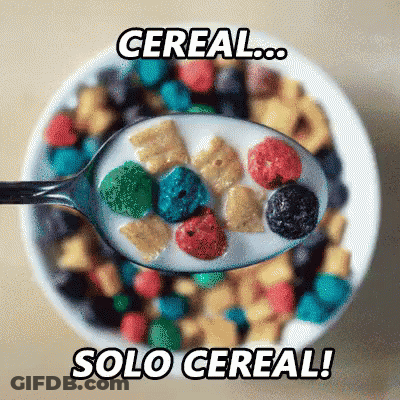 A Bowl Of Cereal With A Spoon In It And The Words " Cereal Solo Cereal " Below It GIF