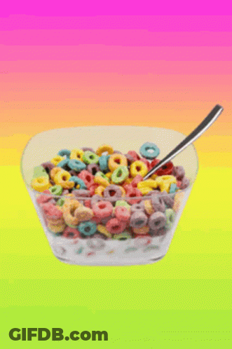 A Bowl Of Cereal With A Spoon In It On A Rainbow Background GIF
