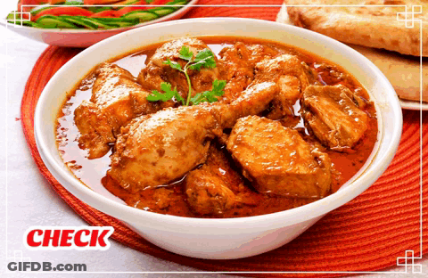 A Bowl Of Chicken Curry With Check Written On The Top GIF