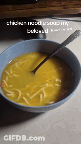 A Bowl Of Chicken Noodle Soup With A Spoon GIF