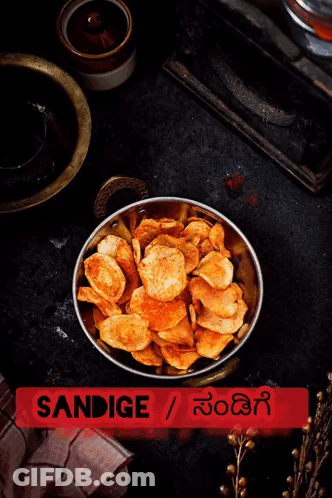 A Bowl Of Chips With The Word Sandige Written On It GIF