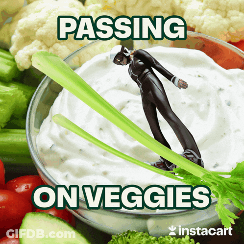 A Bowl Of Dip With Vegetables And The Words Passing On Veggies Below It GIF