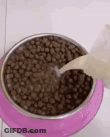 A Bowl Of Dog Food Is Being Poured Into A Pink Bowl . GIF