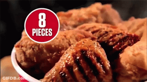 A Bowl Of Fried Chicken With A Sign That Says " 8 Pieces " GIF