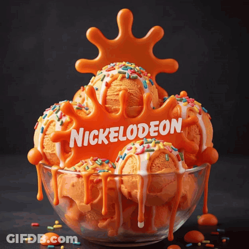 A Bowl Of Nickelodeon Ice Cream With Sprinkles And Orange Sauce GIF