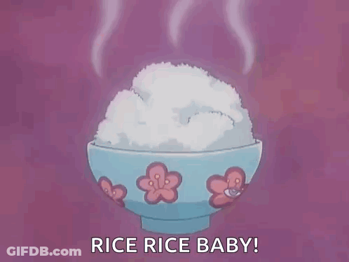 A Bowl Of Rice With Flowers On It Is On A Pink Background . GIF