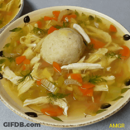 A Bowl Of Soup With Chicken Carrots And A Matzo Ball In It GIF