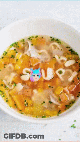 A Bowl Of Soup With The Word Soup Written On The Top GIF