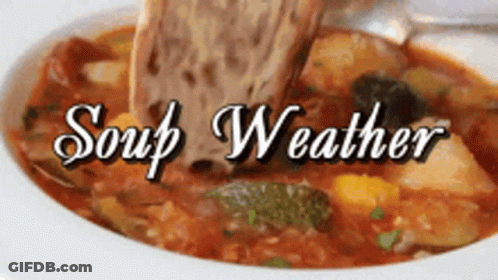 A Bowl Of Soup With The Words Soup Weather Written Above It GIF