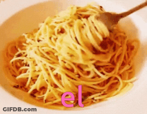 A Bowl Of Spaghetti With The Word El In Pink GIF
